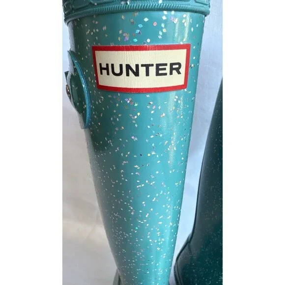 Hunter Tall Glitter Rain Boots Teal Green Waterproof Original Size US 5 - Picture 5 of 9